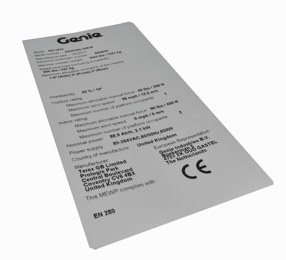 Genie Serial Id Plate OEM 77046 Access Platform Accessories Buy